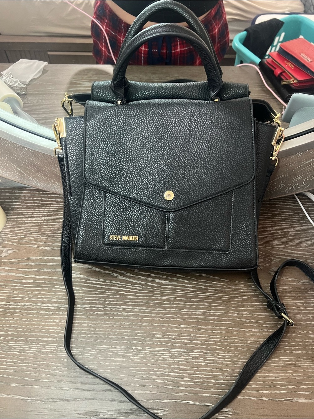 Steve Madden Black Pebbled Top-Handle Satchel with Detachable Strap